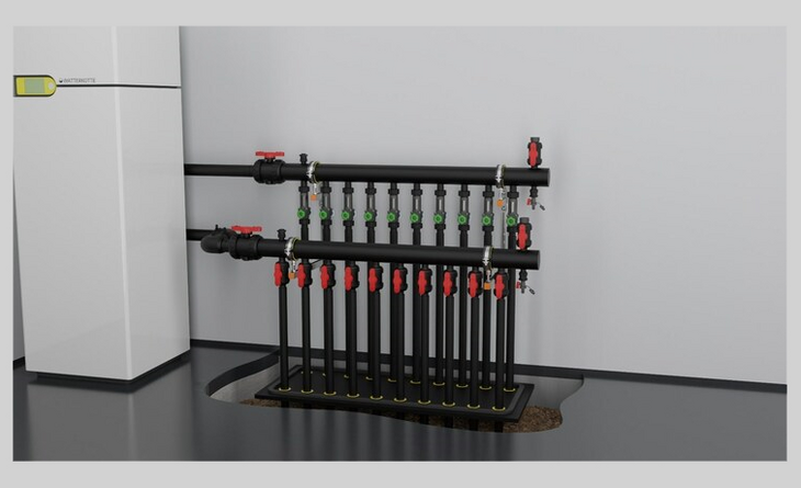 Verteilerbalken im Heizungsraum mit Wärmepumpe